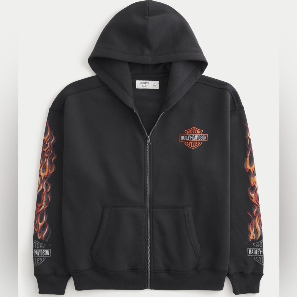 Harley-Davidson x Hollister Black Zip Hoodie with Orange and Red Flame Sleeves